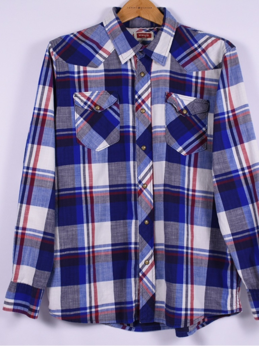 Wrangler Blue Plaid Western Pearl Snap Shirt Size L